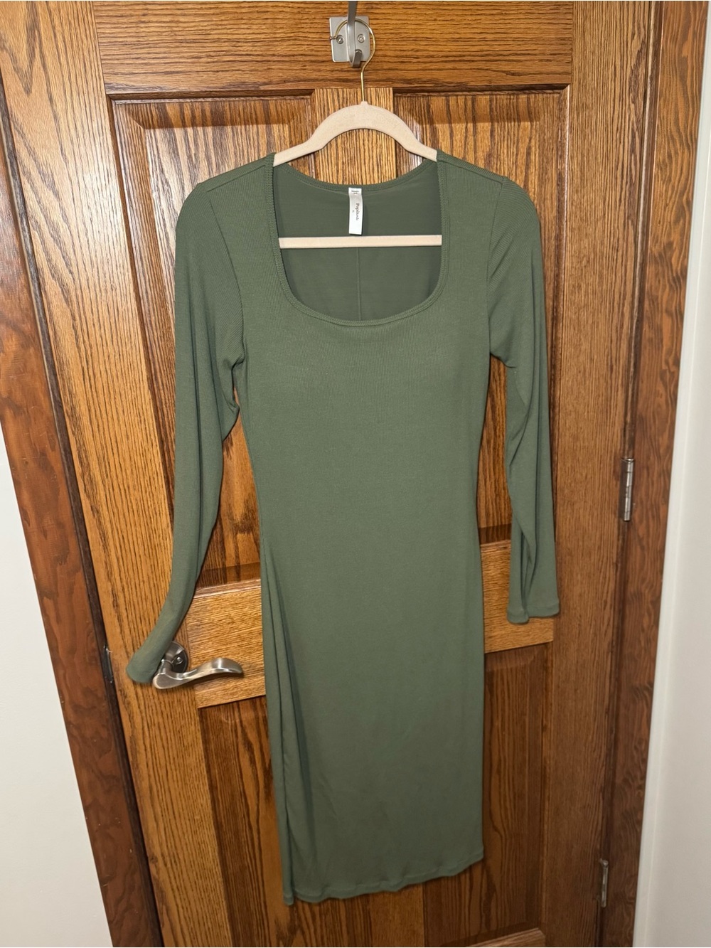 Square Neck Long Sleeve Midi Dress in Olive Green